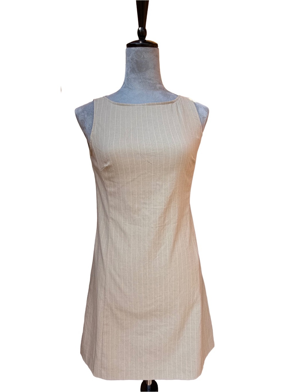 SO Goods For Life Beige Pinstripe Women Sleeveless Mini Dress Small Academia